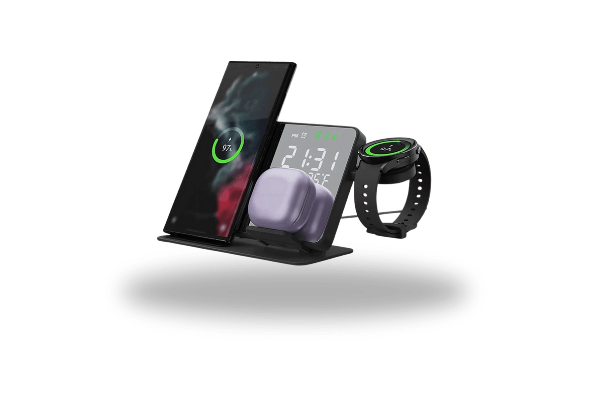 TrendoMark Black EU Plug Galaxy TrioCharge Dock – 3-in-1 Fast Wireless Charger for Samsung Watch, Phone & Buds